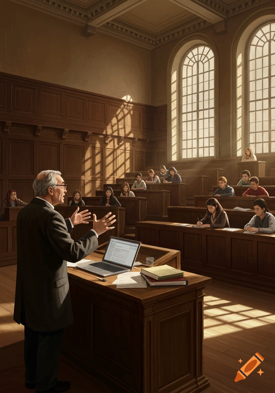 A professor lectures a diverse group of students in a large, sunlit university lecture hall with arched windows.