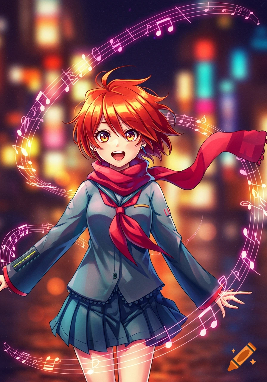An anime girl with short red hair, red scarf, and school uniform smiles with outstretched arms, surrounded by glowing musical notes against a blurry city lights background.