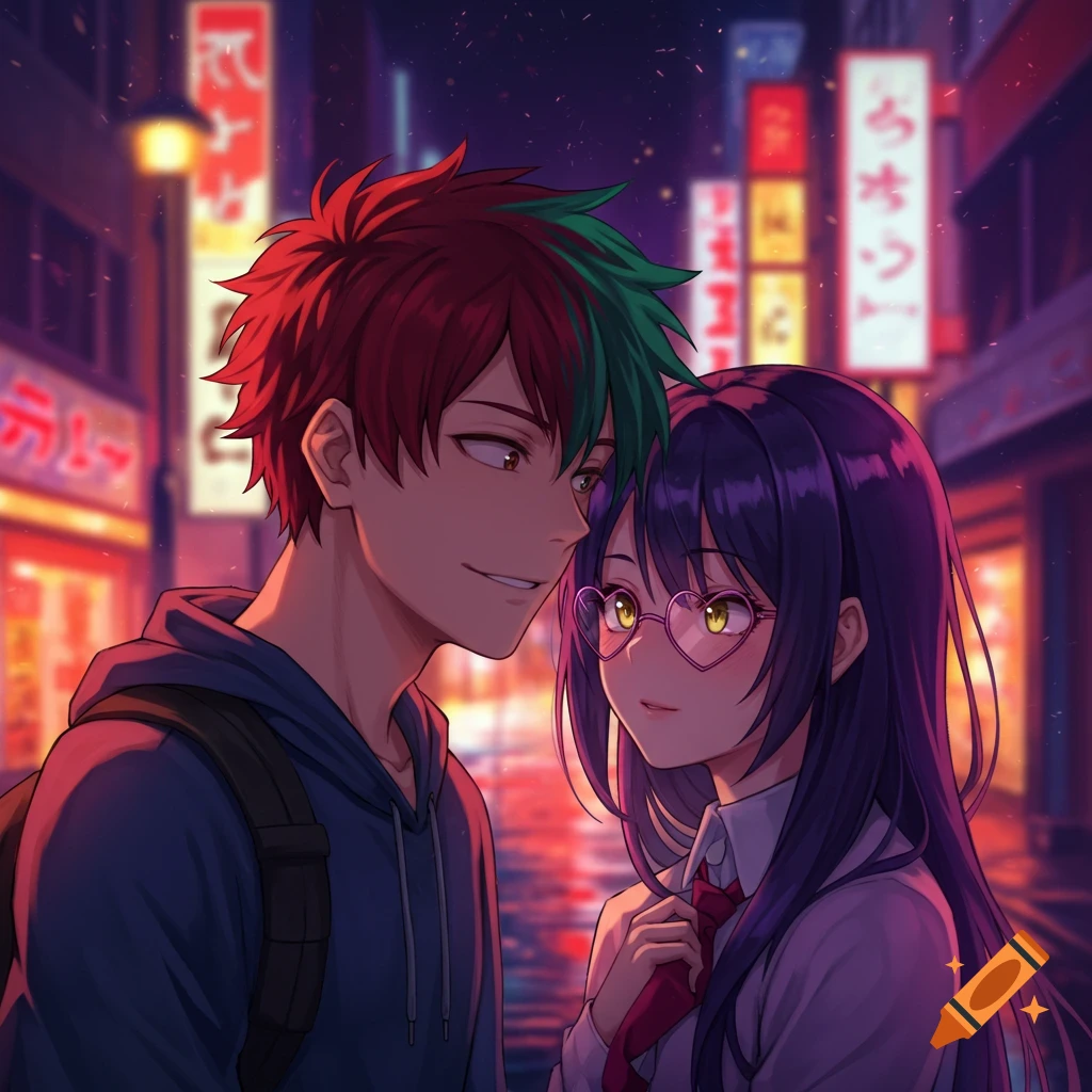 An anime boy with red and green hair looks at a purple-haired girl with heart glasses on a neon-lit city street at night.