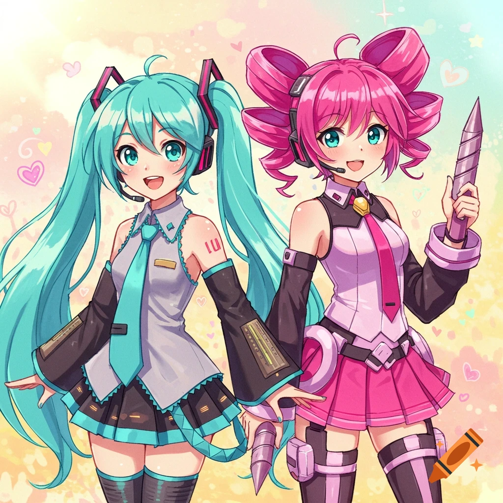 Hatsune Miku and Kasane Teto, two anime girls with pigtails, smile in a 2000s moe art style.