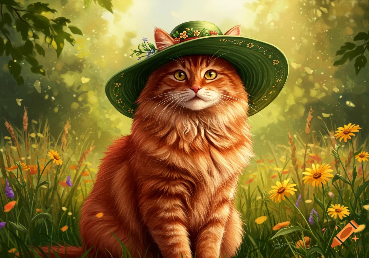 A fluffy orange cat wearing a green hat with flowers sits in a sunlit field of wildflowers.