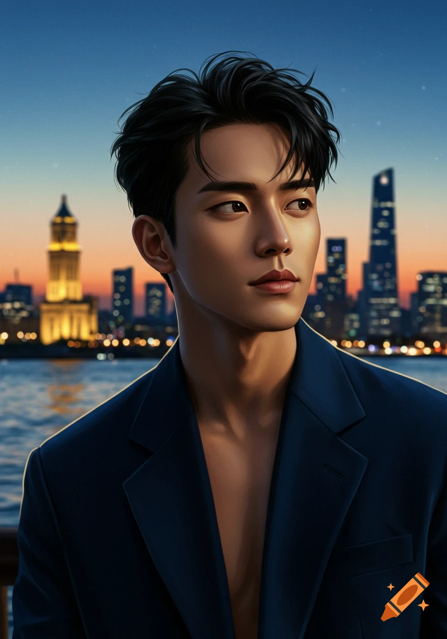 A handsome young man in a dark blazer, shirtless, looks out over a city skyline at sunset from a waterfront.