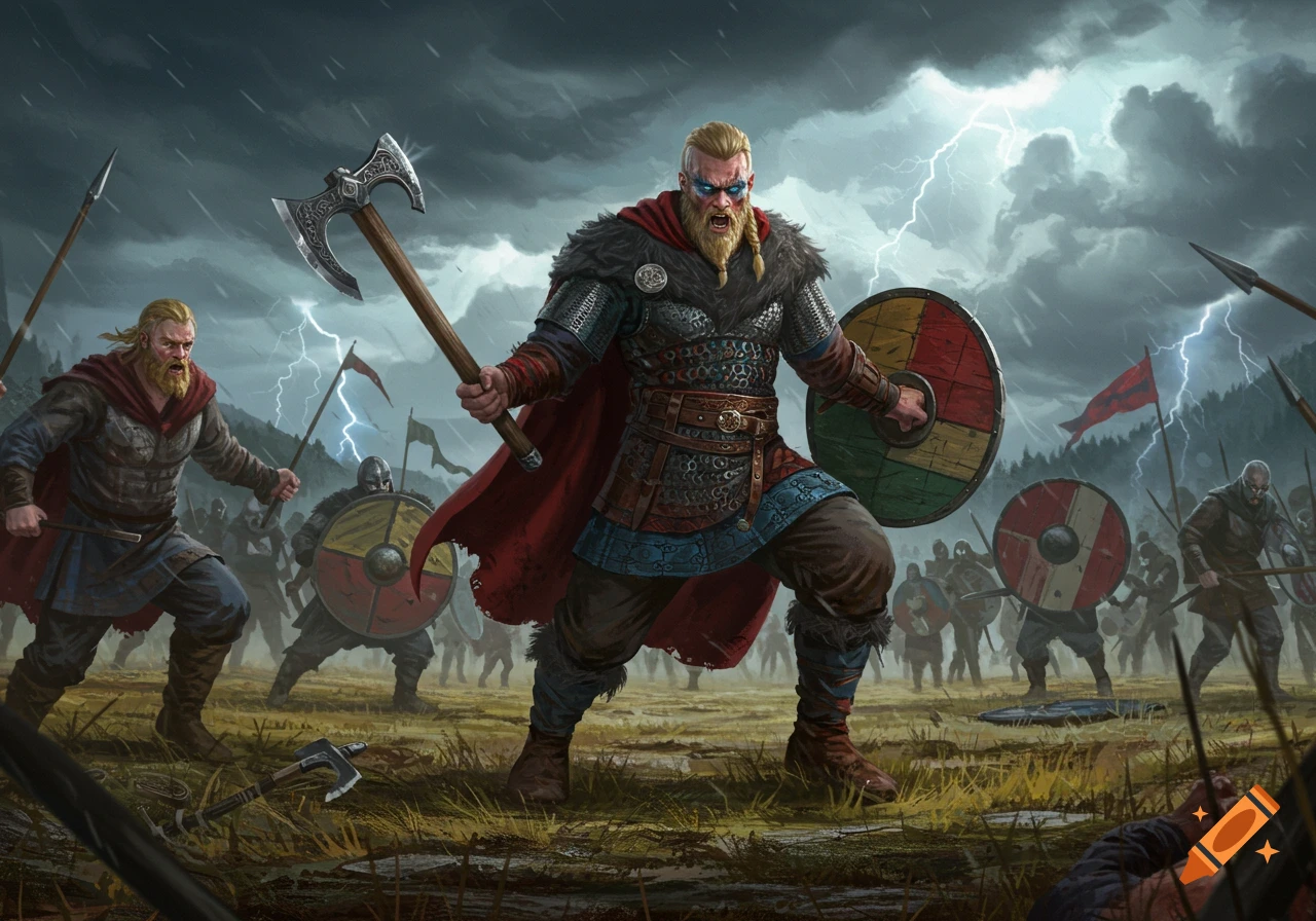 Dynamic illustration of Vikings battling in a stormy, muddy field with lightning.
