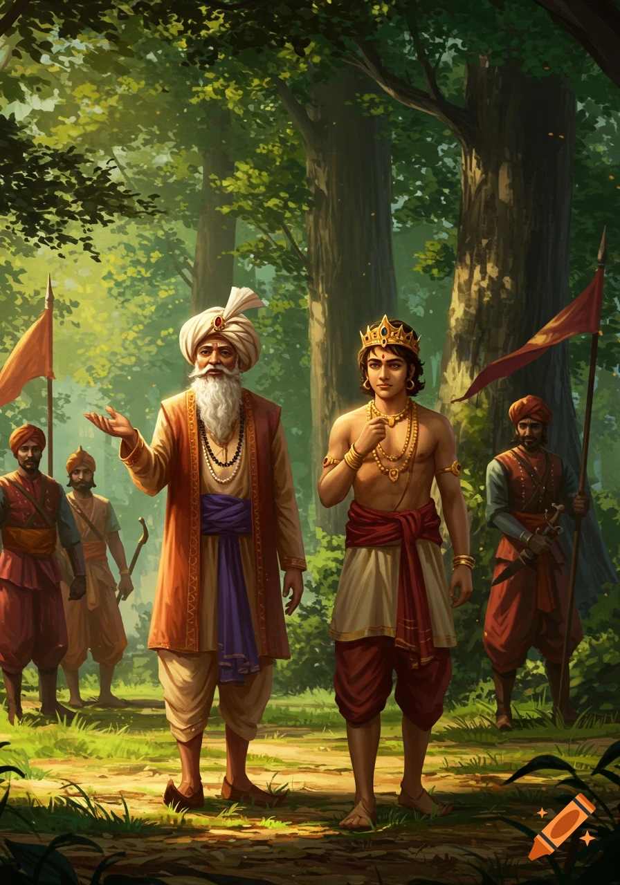 An old bearded man in a turban gestures to a young crowned man, both dressed in traditional robes, surrounded by guards in a sun-dappled forest.