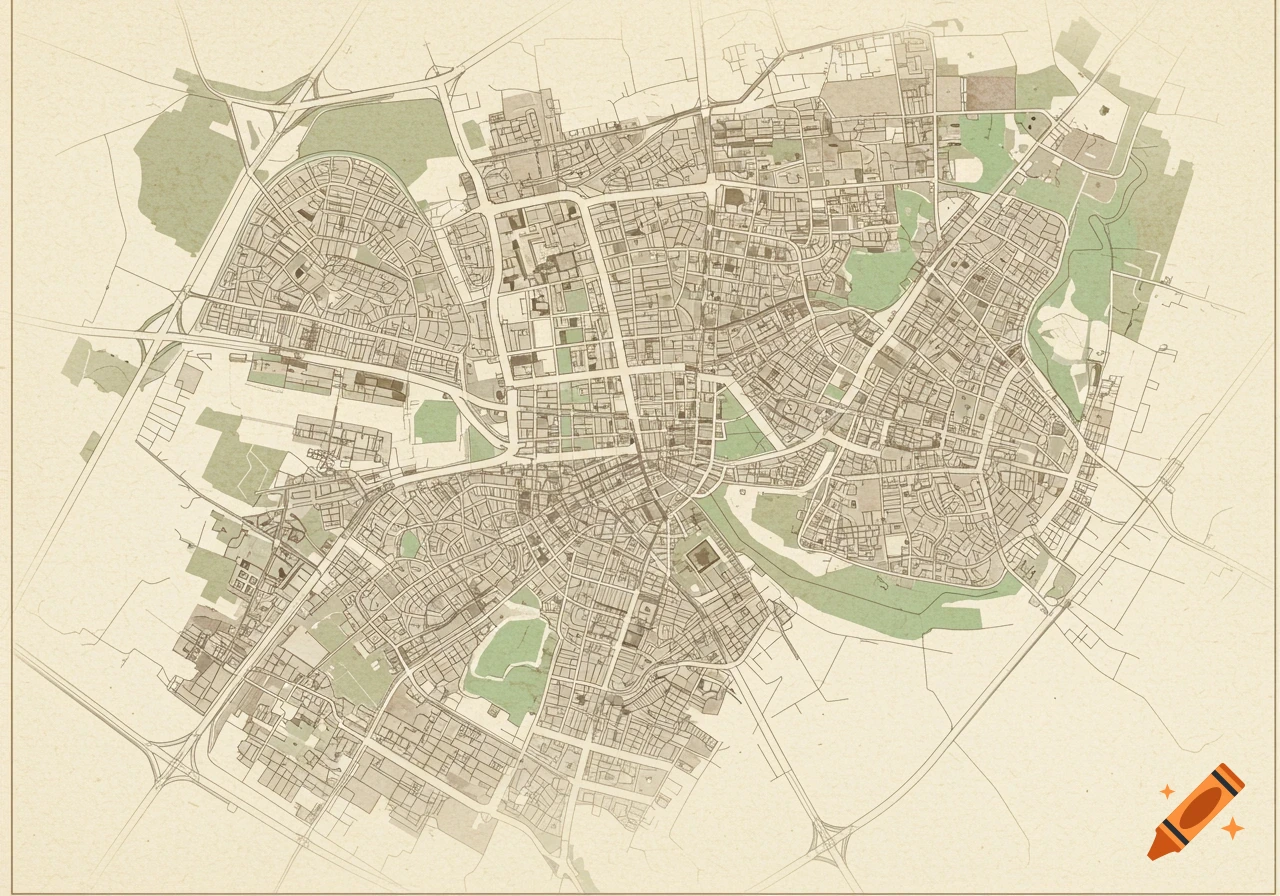 Overhead view of a detailed vintage-style city map with roads, buildings, and green areas on aged paper.
