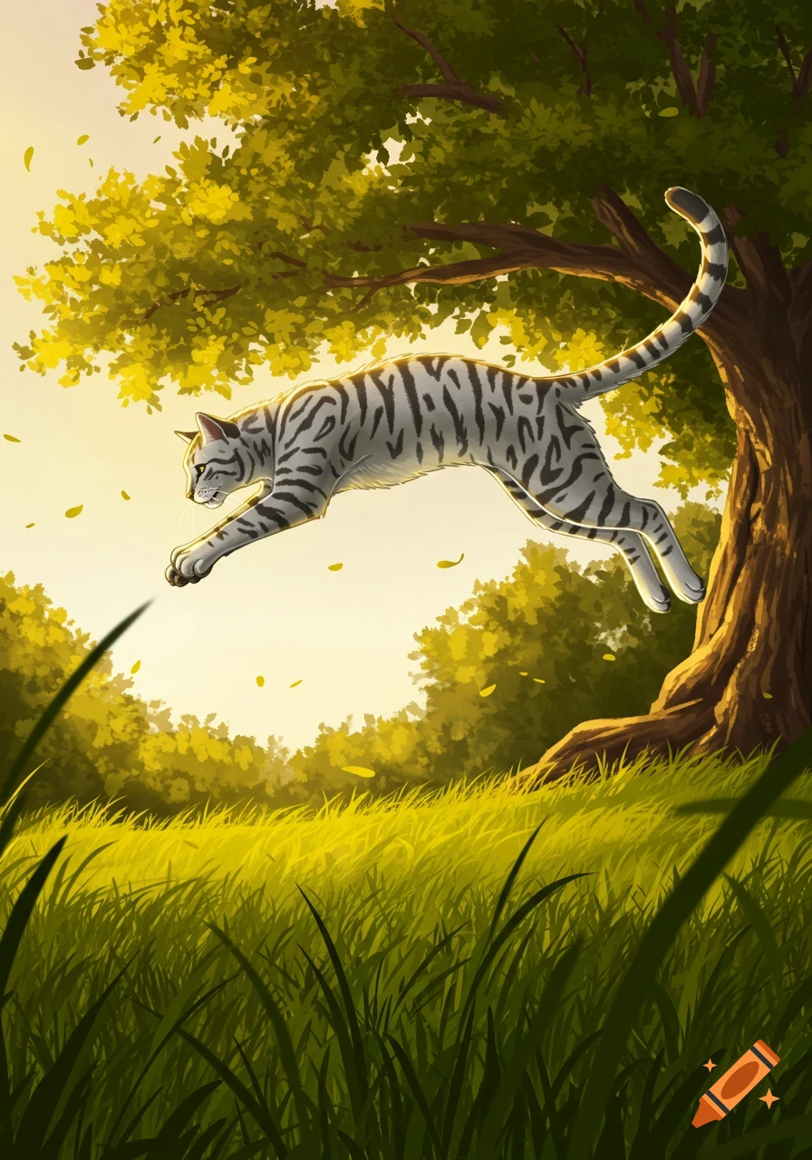 An illustrative white and grey striped cat leaps through a sunny, grassy forest.
