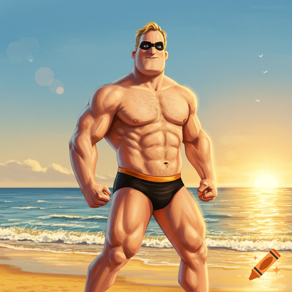 Mr. Incredible poses shirtless in a black speedo on a sunny beach at sunset, cartoon style.