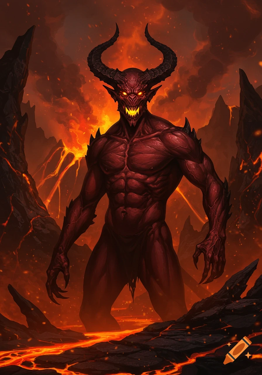 A muscular red devil with horns and glowing yellow eyes stands in a dark, hellish landscape with flowing lava. Dark fantasy art style.