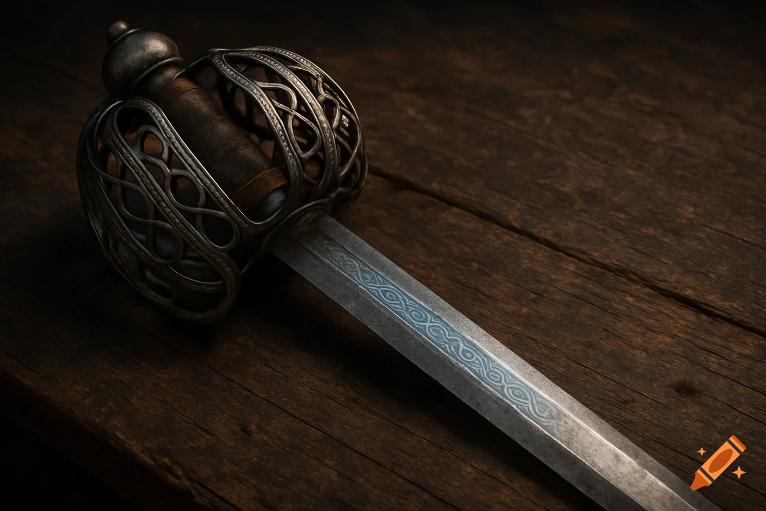 Photorealistic Scottish basket-hilted broadsword with an etched blade gleaming on a dark, rustic wooden table.