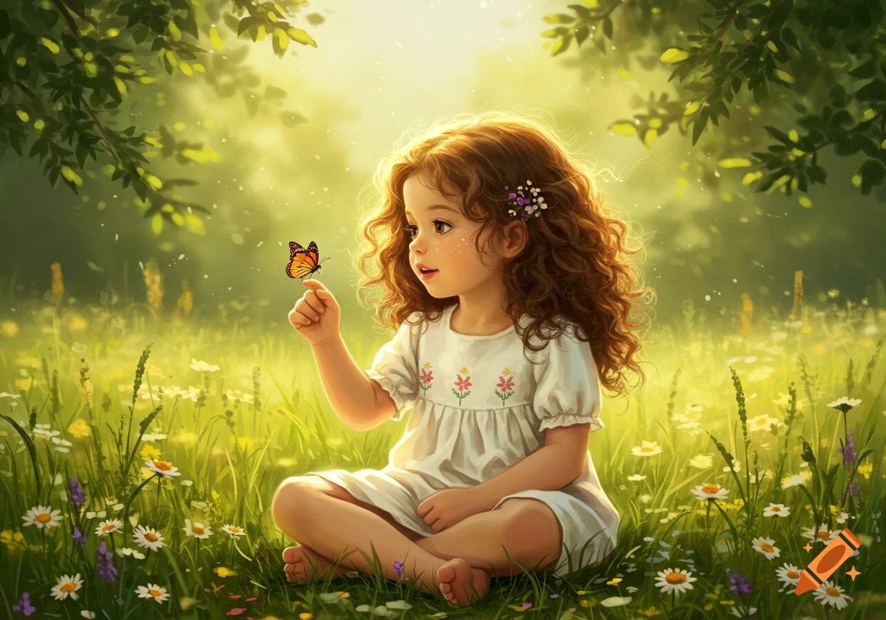 An illustration of a young girl with curly hair sitting in a sunny wildflower meadow, a butterfly on her finger.