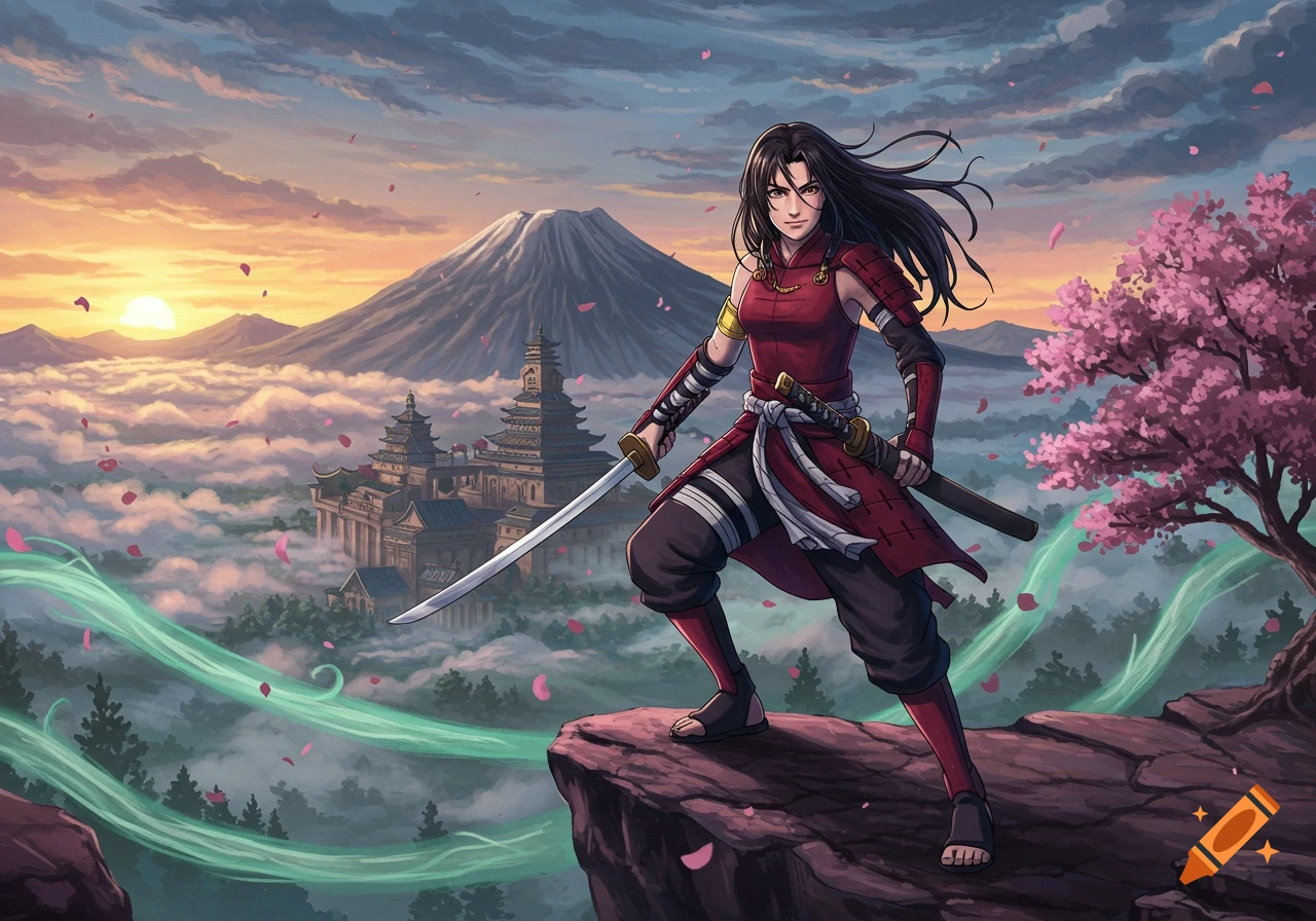 Anime-style female samurai standing on a cliff with a katana, overlooking a Japanese temple, Mt. Fuji, and sunset.