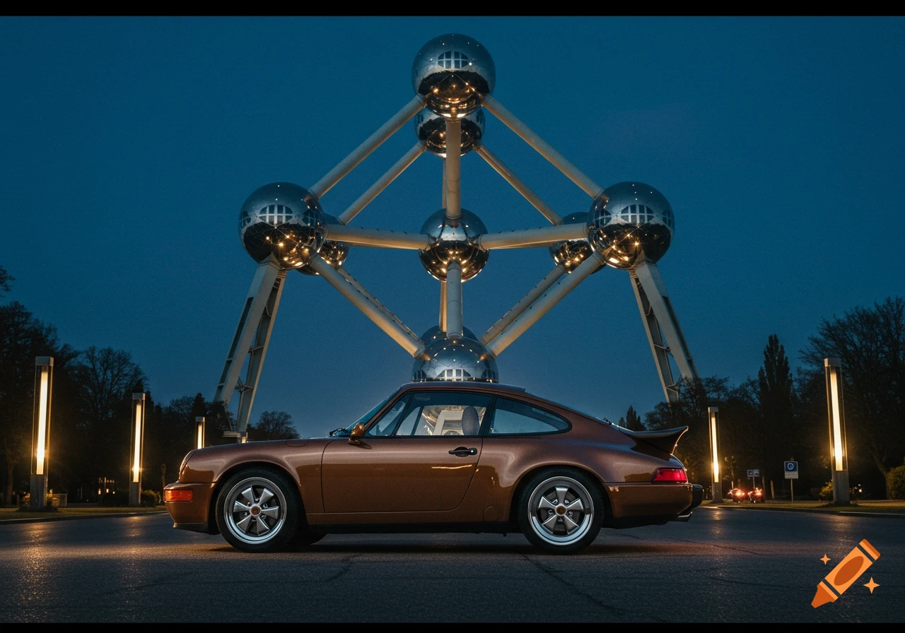 A bronze Porsche 911 SC parked at dusk in front of the Atomium in Brussels.