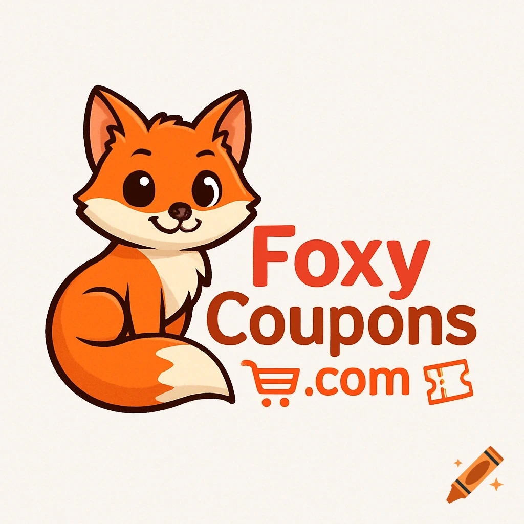 A cute cartoon fox sits beside the red and orange text 'Foxy Coupons.com', with a shopping cart icon and a coupon icon.