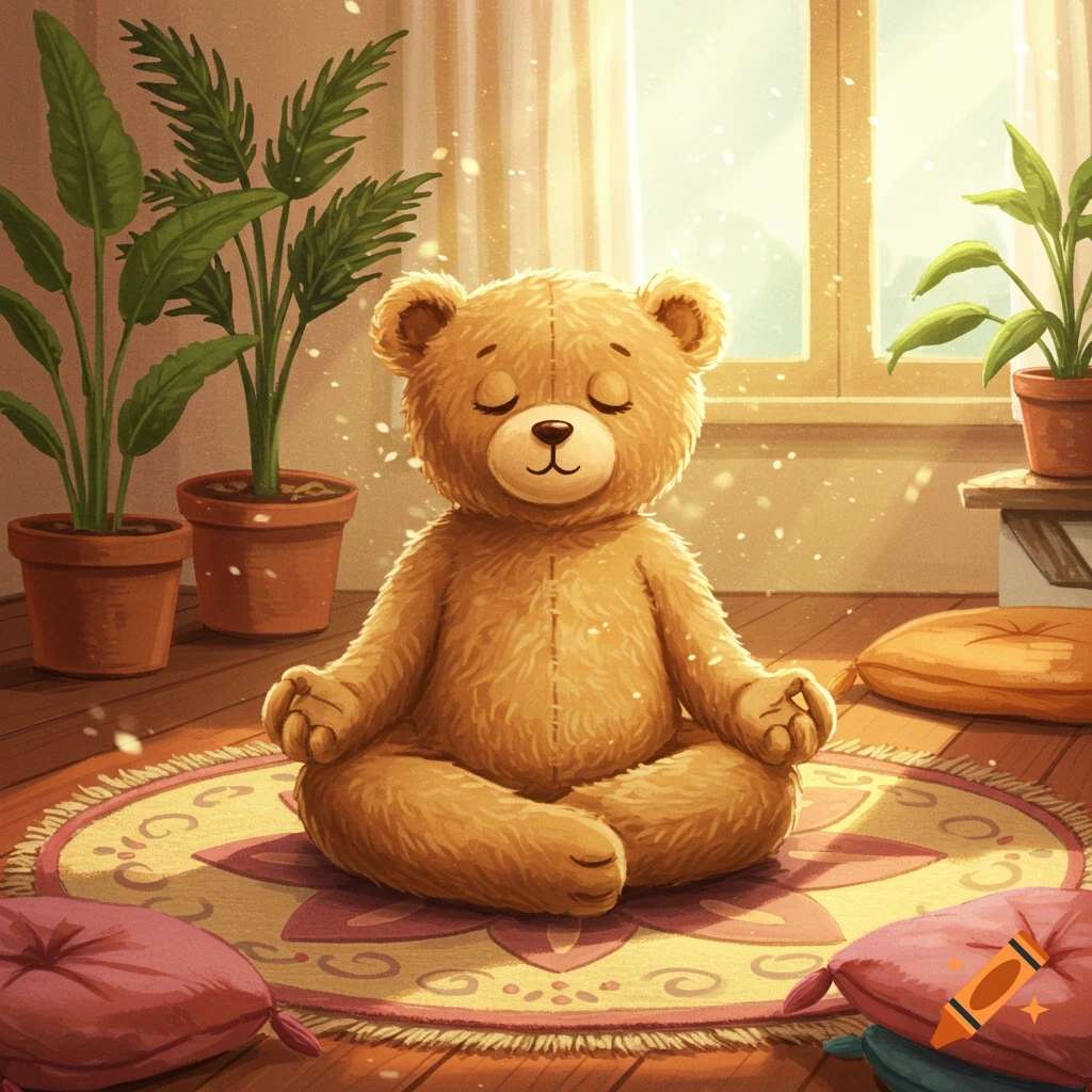 A fluffy brown teddy bear meditates peacefully in a yoga pose on a patterned rug in a sunlit room with potted plants.