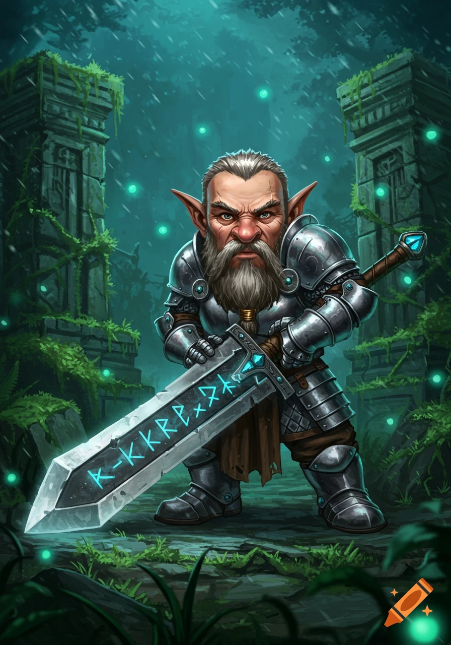 A stern gnome warrior in silver armor holds a glowing greatsword in a mystical, lush green forest with ancient ruins.