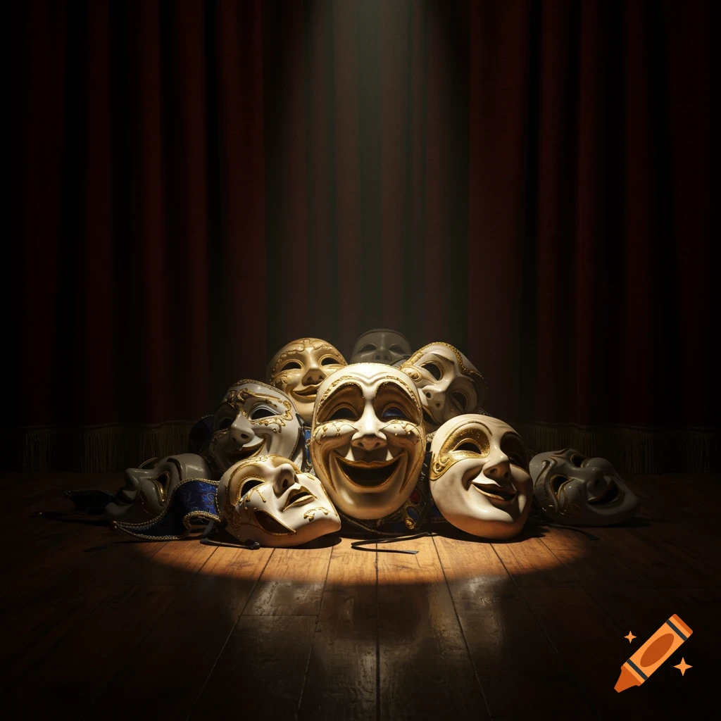 A dramatic spotlight illuminates a pile of ornate, expressive theater masks on a wooden stage with red curtains.