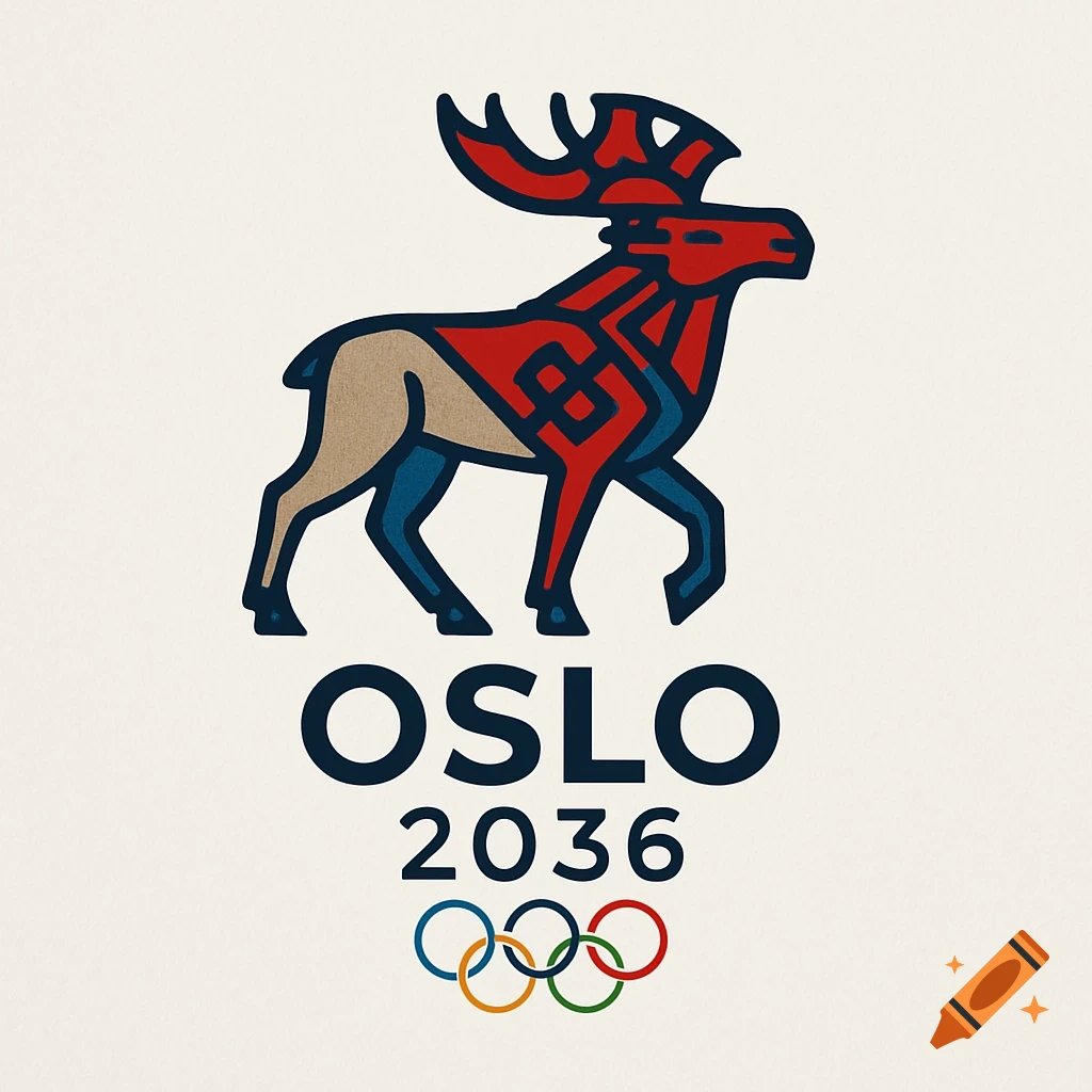 Stylized red, blue, and beige moose logo with patterned antlers, above "OSLO 2036" text and the Olympic rings on an off-white background.