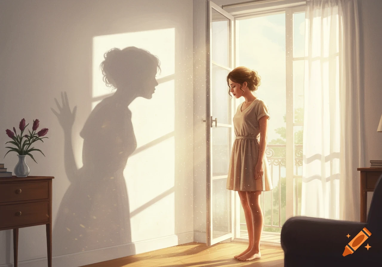 A woman stands in a sunlit room, looking down, while her stylized shadow with a raised hand is cast on the wall.