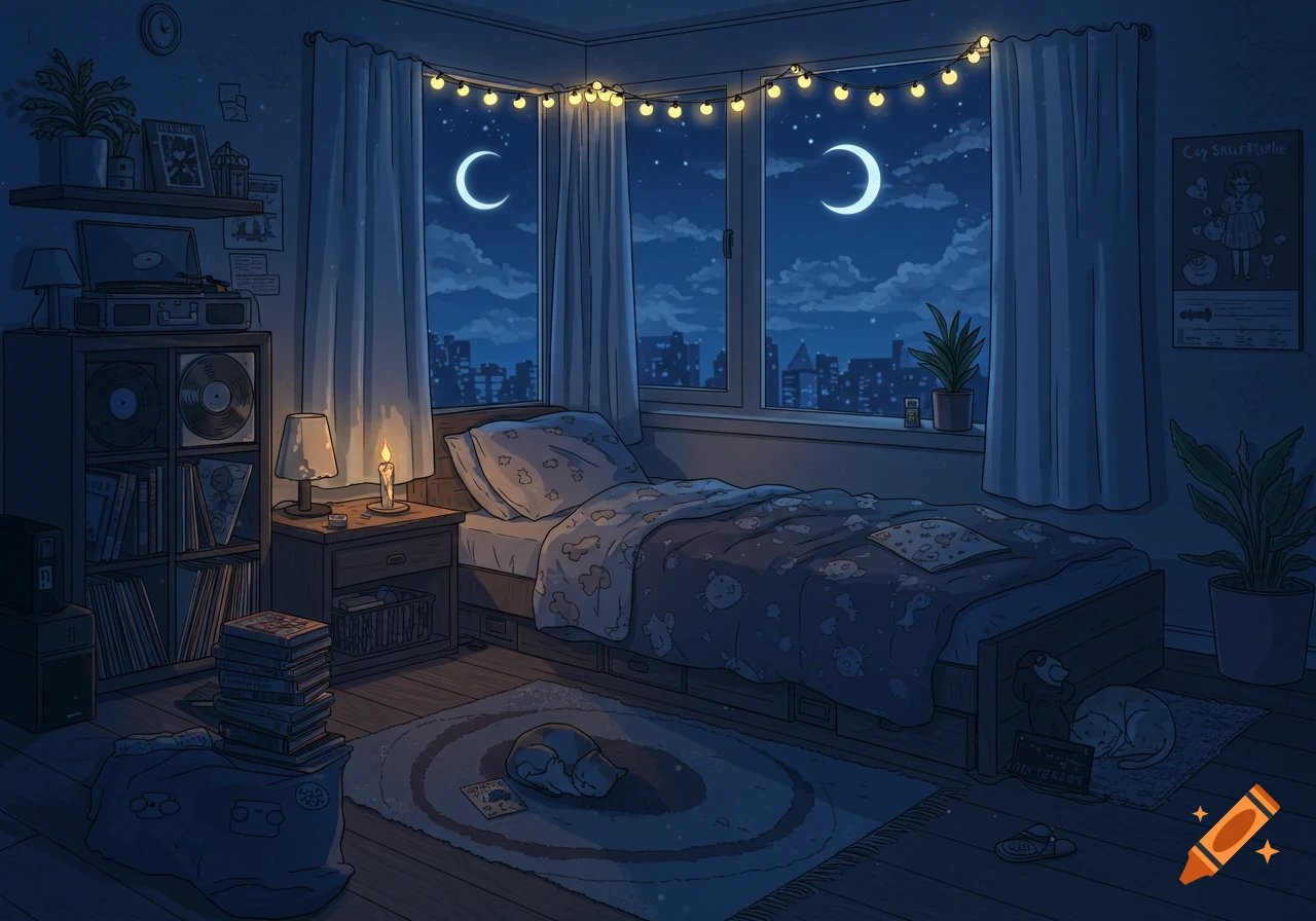 An atmospheric lofi anime bedroom at night, with two crescent moons visible through the window. String lights adorn the window. A cat sleeps on a rug, next to a bed with patterned sheets. A record player and bookshelves are on the left.