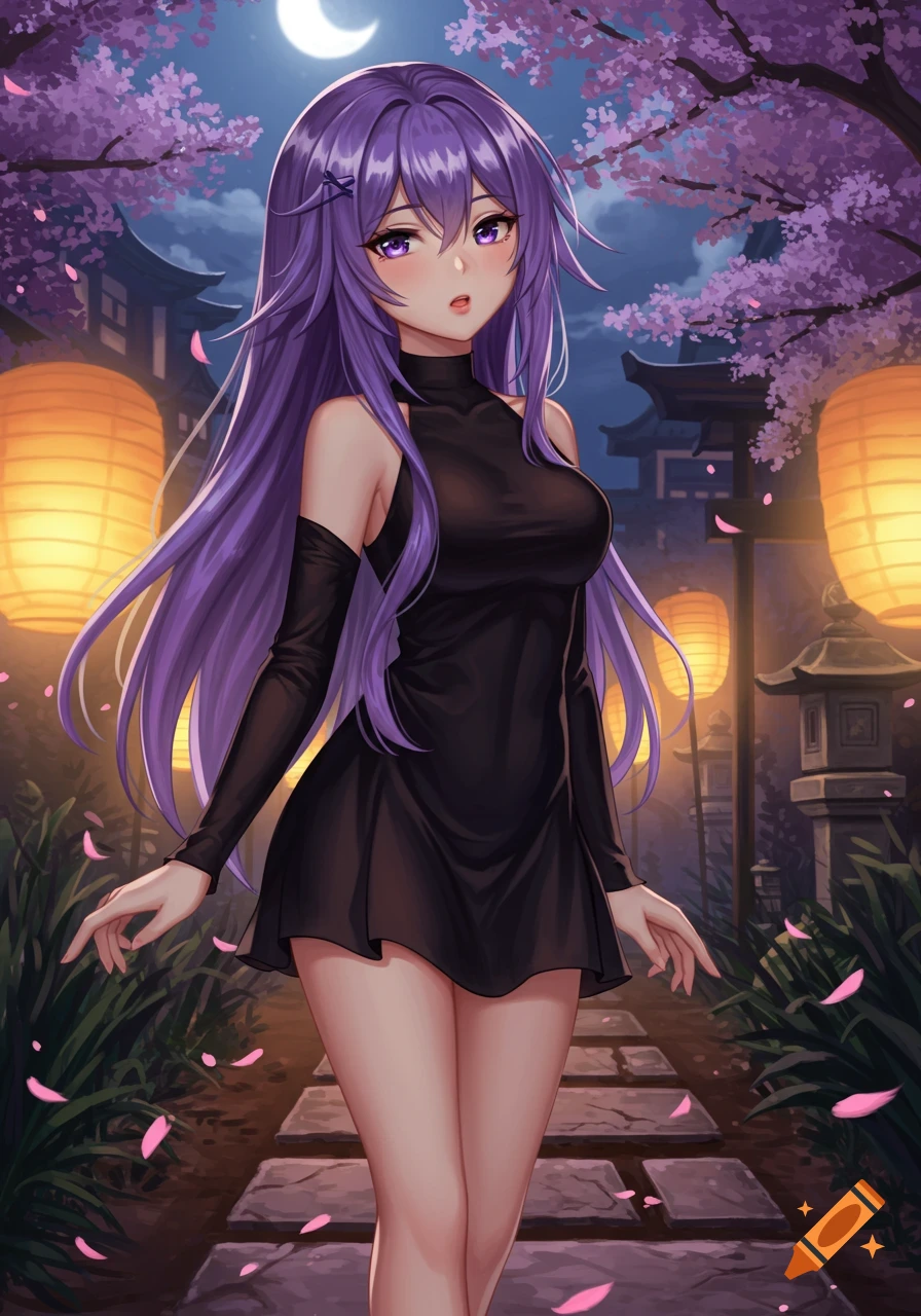 Anime girl with long purple hair in a black dress in a moonlit Japanese garden with cherry blossoms and lanterns.
