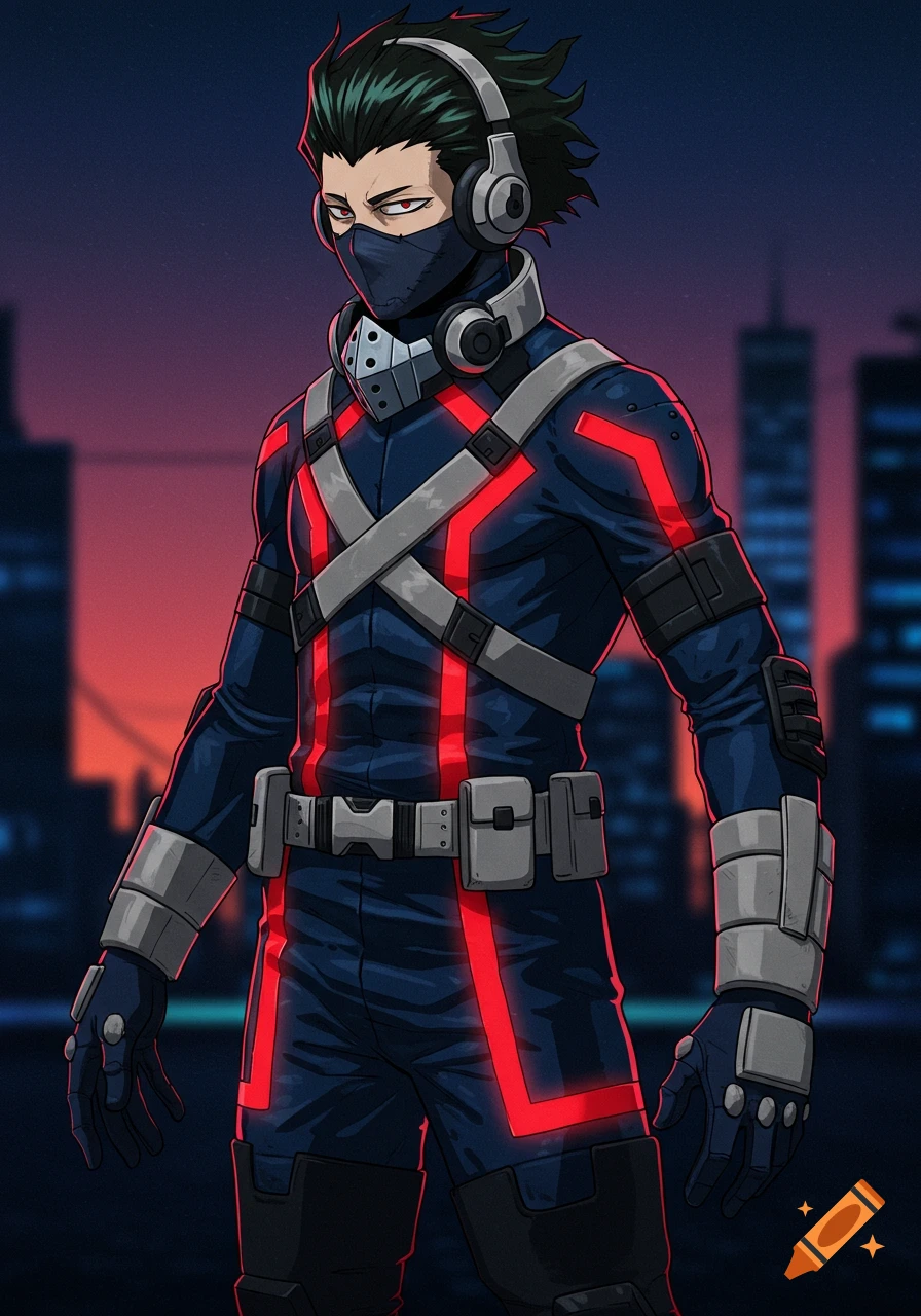 Anime-style character in a dark blue hero suit with glowing red X-patterns, a black mask, and headphones, standing against a city night background.