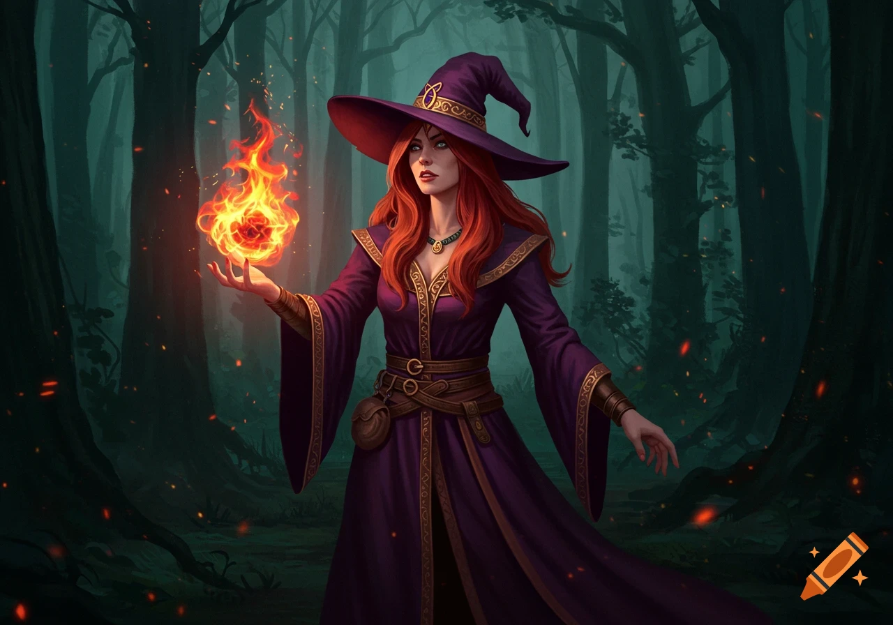 A red-haired sorceress in a purple robe and hat conjures fire in a dark, mystical forest. Digital art.