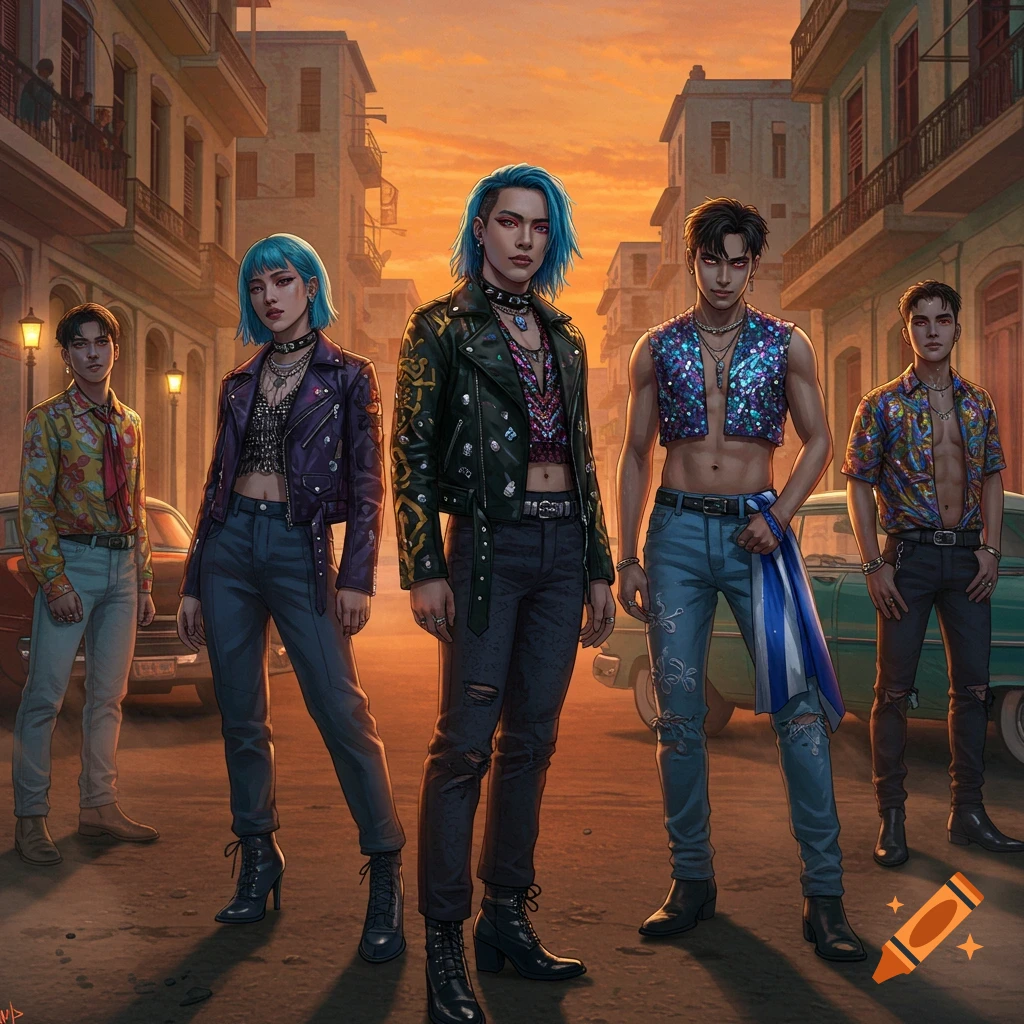 Stylized illustration of five diverse individuals with bright hair and fashionable clothing posing on an old city street at sunset.