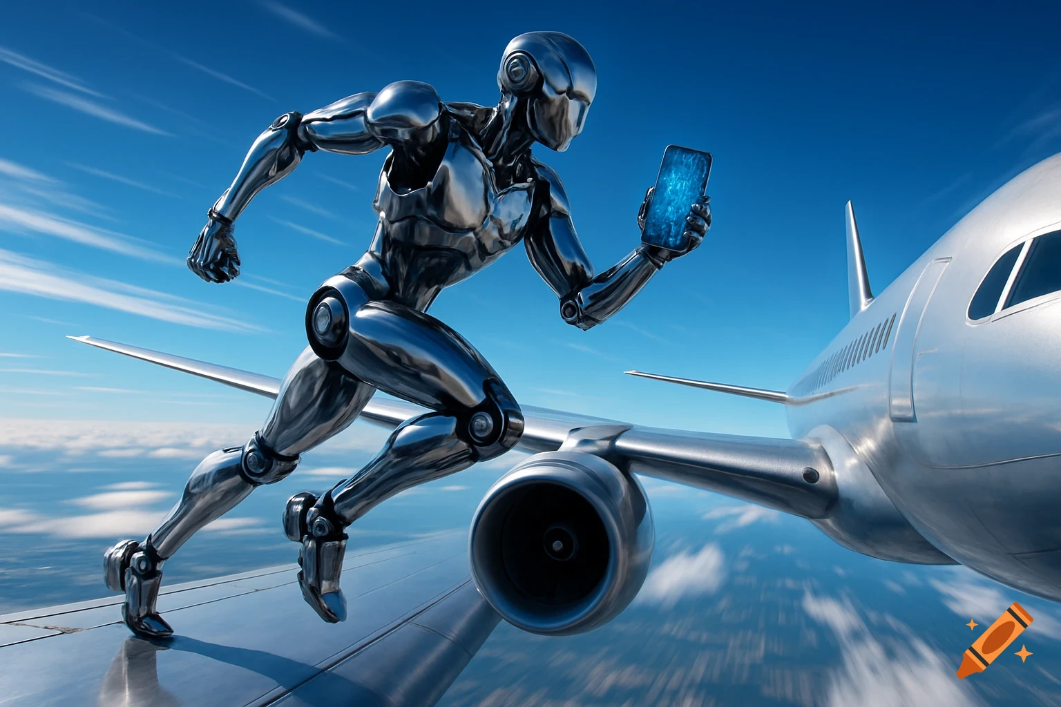 A metallic robot runs across the wing of a silver airplane, holding a glowing blue smartphone, against a clear blue sky.