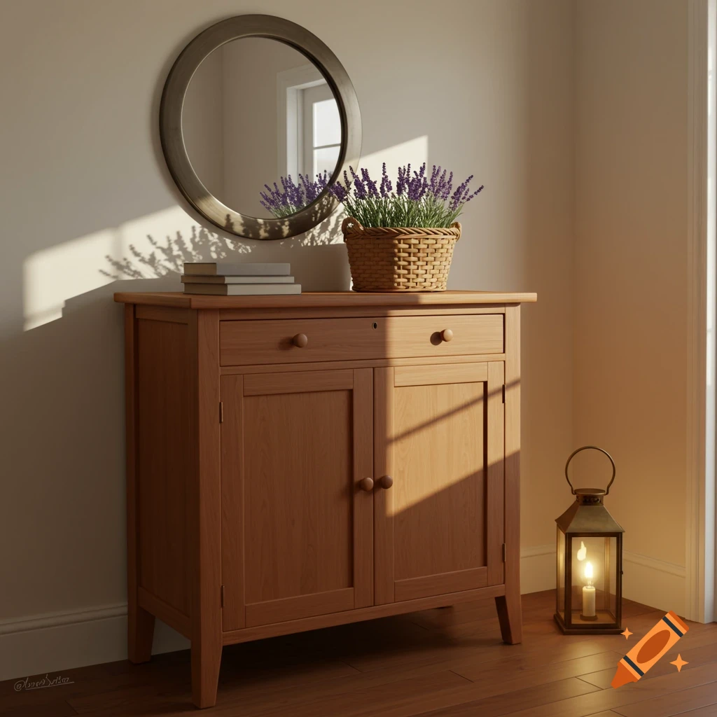 Photorealistic entryway with a shaker-style wooden cabinet, round mirror, lavender basket, and lit lantern in sunlight.