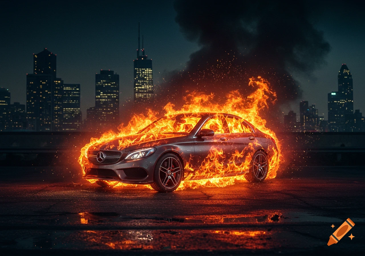 Dark gray Mercedes-Benz sedan engulfed in vibrant orange flames on wet asphalt at night, with a blurred city skyline in the background.