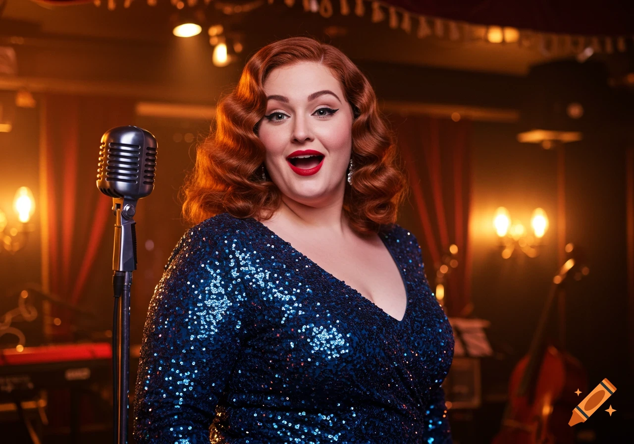 A red-haired woman with bright red lipstick in a sequined blue dress sings into a vintage microphone on a dimly lit stage.
