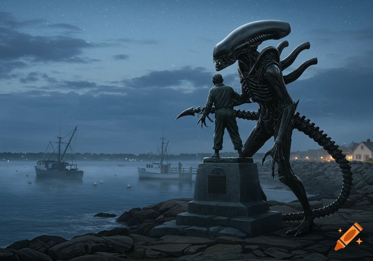 A dark Xenomorph alien statue stands next to a human figure on a rocky coast, overlooking a misty harbor with fishing boats at night.