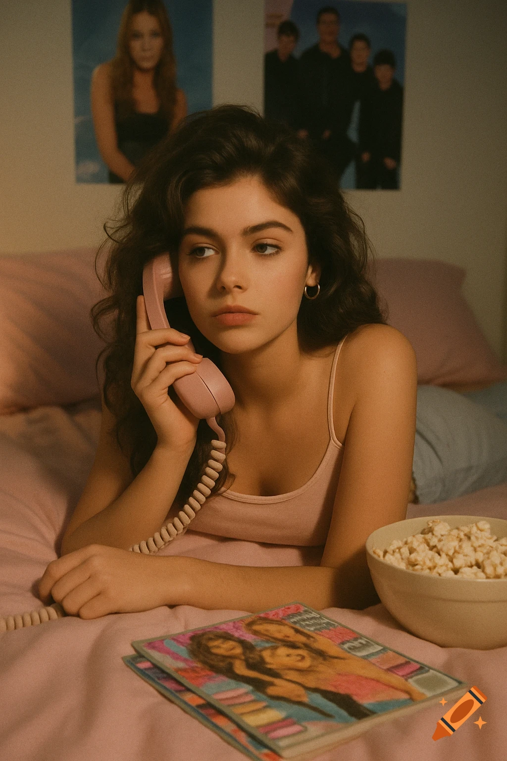 Dreamy Y2K style portrait of a young woman with wavy brown hair lying on pink bedding, talking on a retro corded phone.