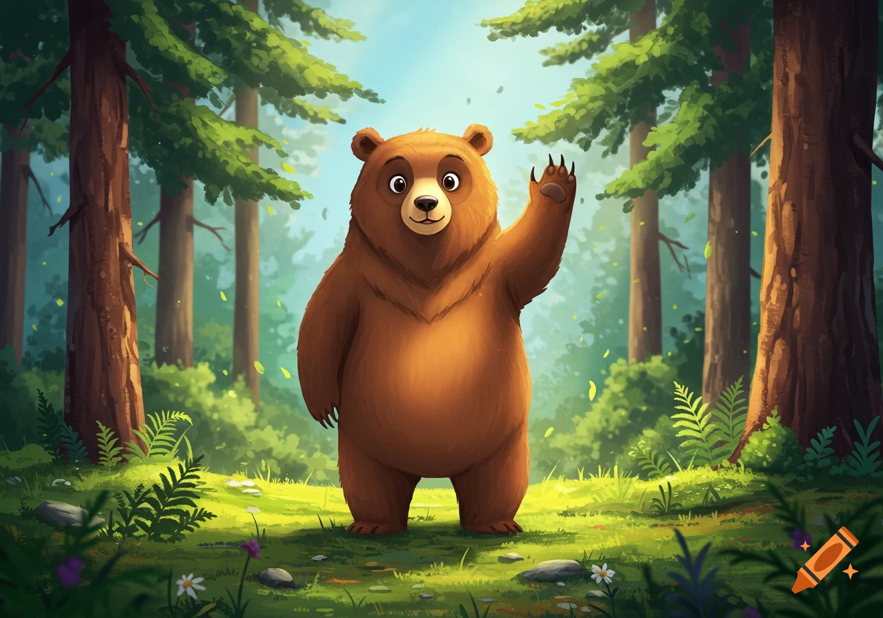 A cute cartoon brown bear stands in a sunny forest, waving with one paw.