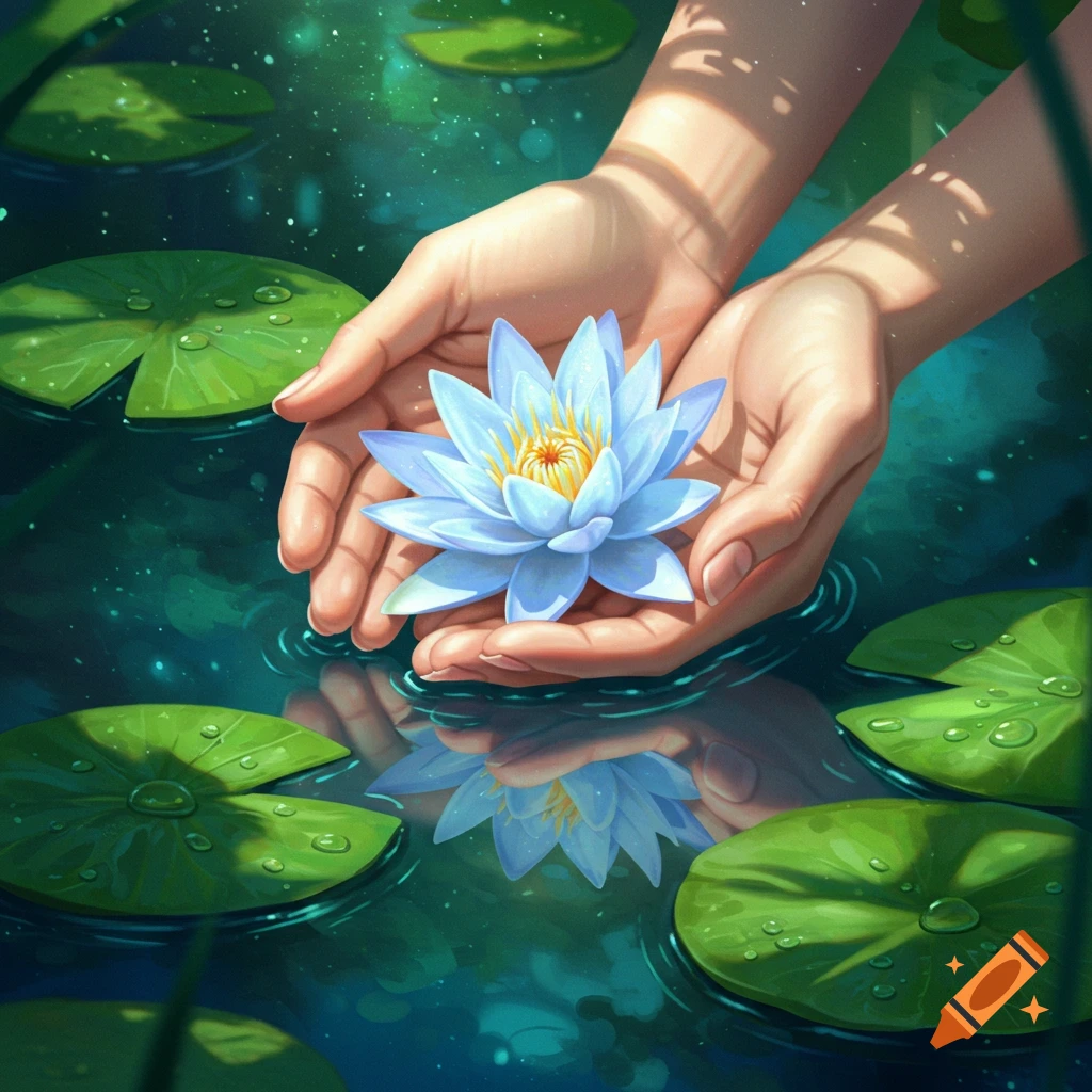 Hands gently hold a delicate light blue water lily floating in dark water with green lily pads.