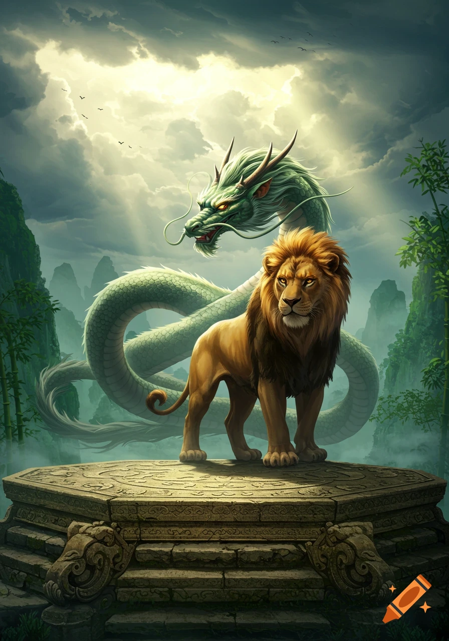 A majestic lion stands on an ancient stone altar with a green Asian dragon behind it, under a cloudy, dramatic sky with mountains in the background.