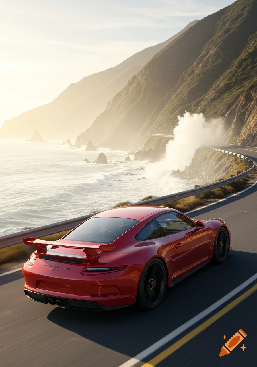A red Porsche 911 GT3 RS drives on a winding coastal road with mountains and ocean waves in the background, bathed in golden light.