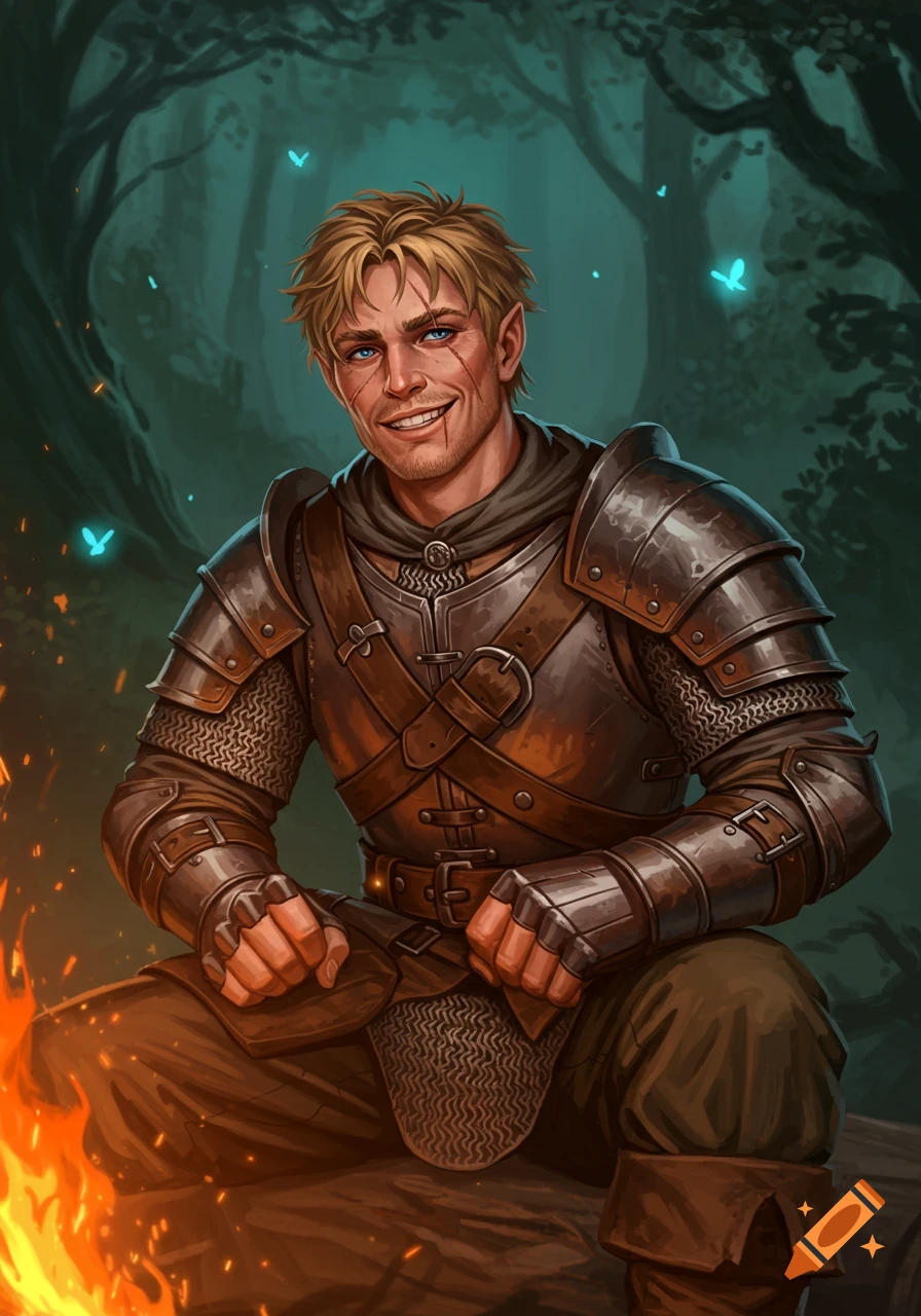 A grinning blonde-haired mercenary in DND style armor sits by a campfire in a dark fantasy forest with glowing blue butterflies.