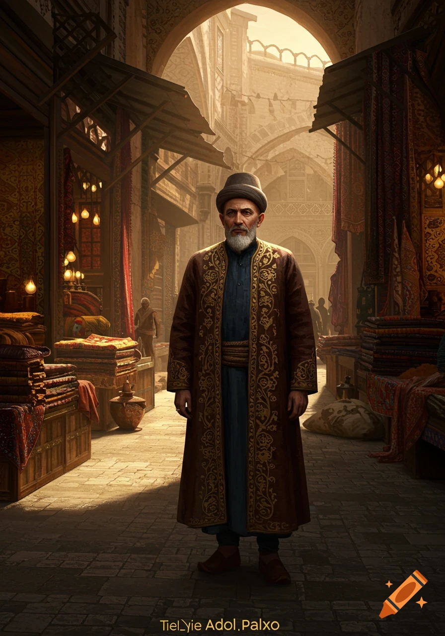 Bearded man in a brown embroidered coat and dark hat stands in a sunlit Middle Eastern market with piles of colorful textiles.