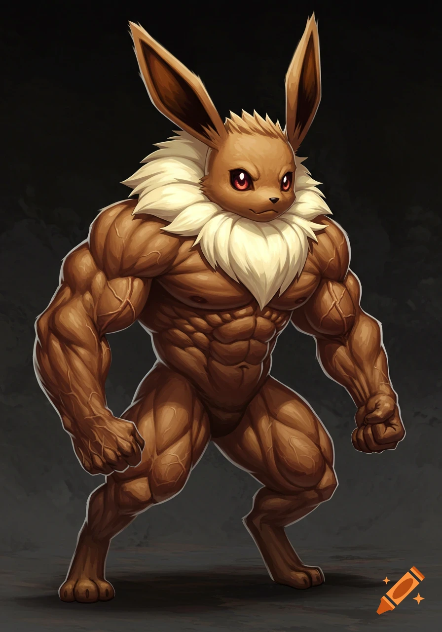 A highly muscular, anthropomorphic Eevee with fierce red eyes and prominent veins stands powerfully against a dark background, digital art style.