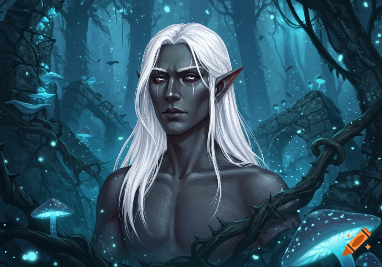 A dark-skinned male elf with long white hair and red eyes in a glowing blue fantasy forest with mushrooms.