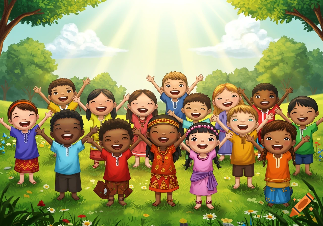 Cartoon illustration of many happy smiling children of diverse nationalities with hands raised in a sunny grassy field.