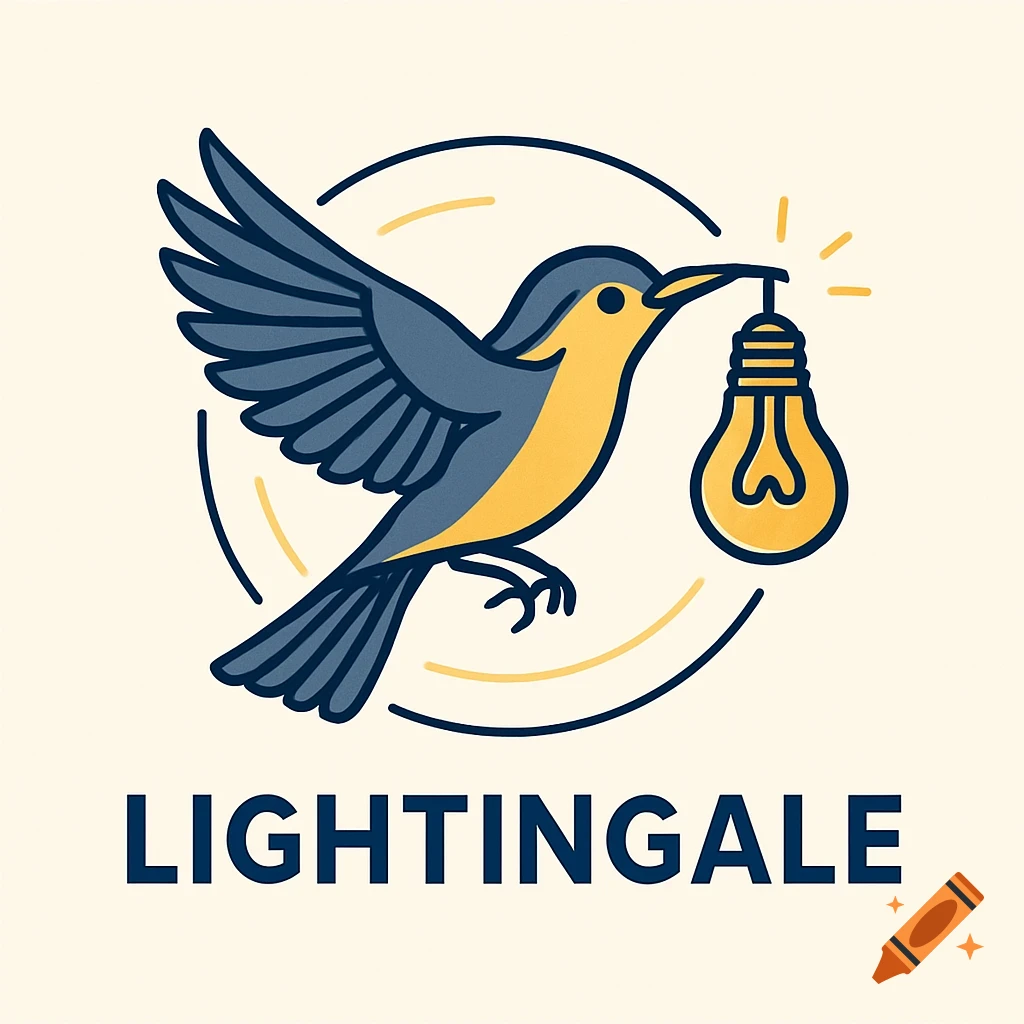 A logo featuring a stylized blue and yellow bird carrying a lightbulb in its beak, with 'LIGHTINGALE' below, in a clean, illustrative style.