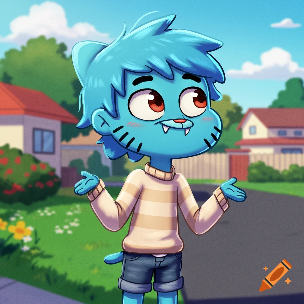A blue anthropomorphic cat character resembling Gumball, wearing a striped sweater and shorts, shrugging on a suburban street in an anime style.