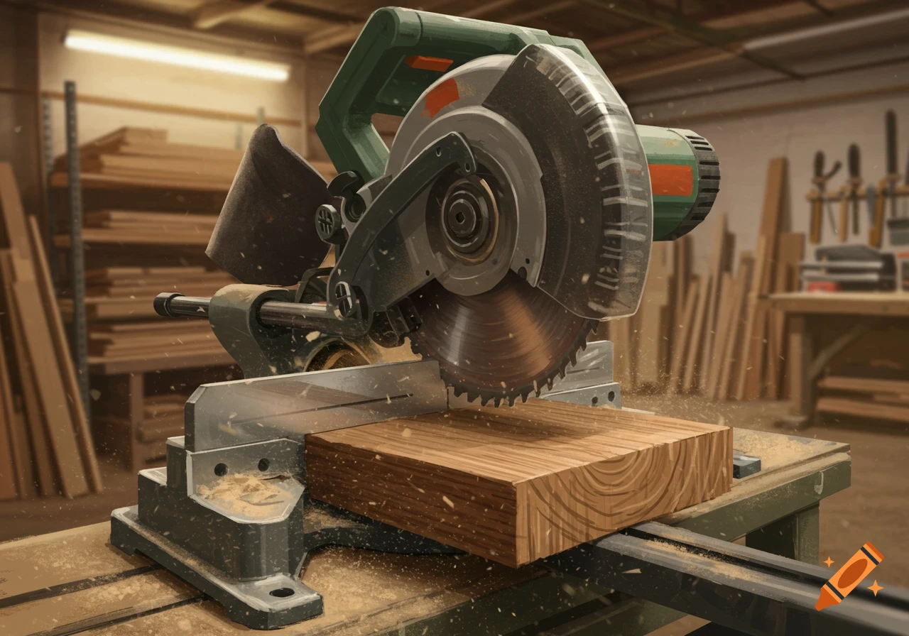 A detailed illustration of a miter saw cutting a block of wood in a dusty workshop.