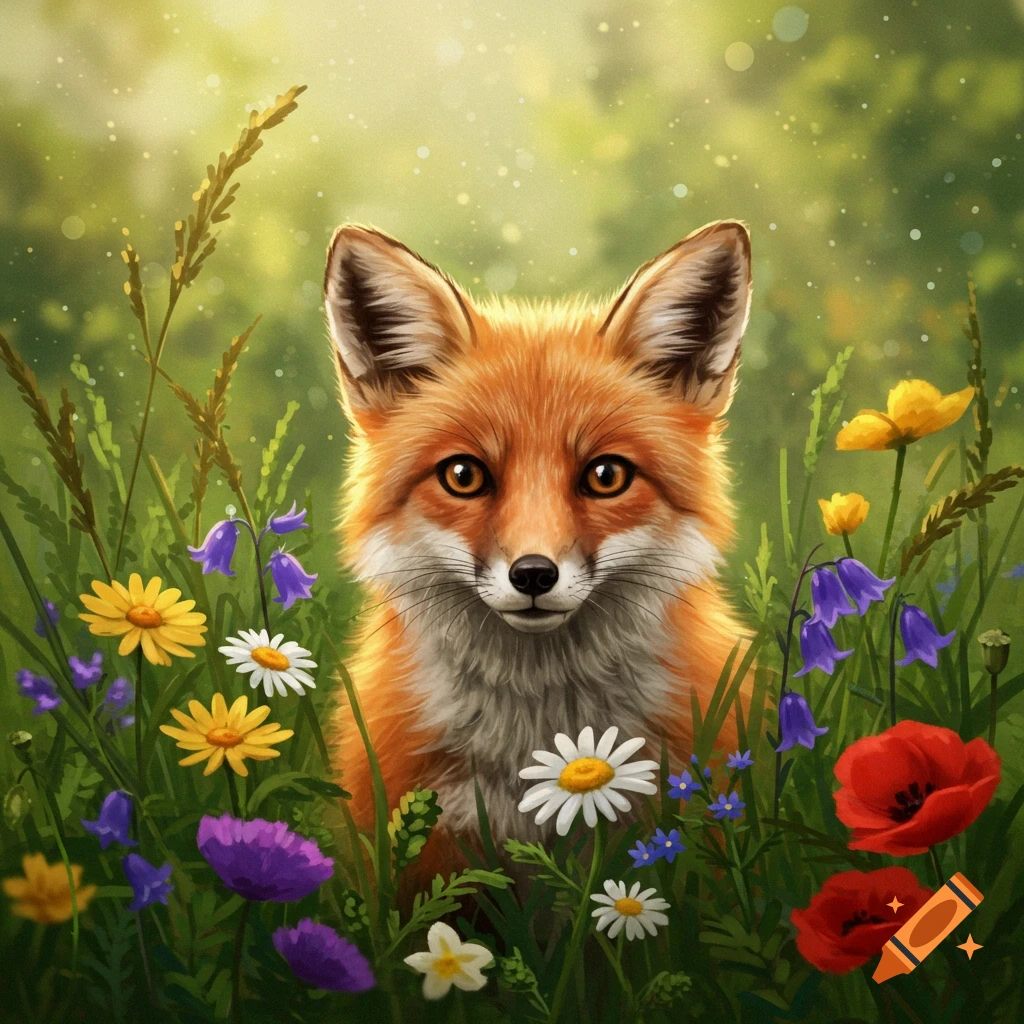 A cute fox with big eyes peeking from colorful wildflowers in a soft, dreamy illustration.