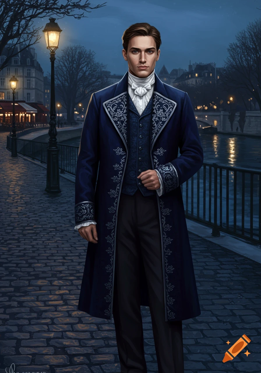 Illustration of a man in a dark blue, embroidered historical coat standing on a cobblestone street by a river at night.