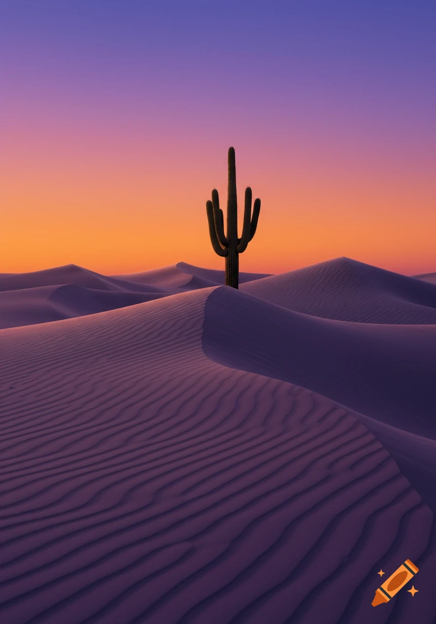 A tall saguaro cactus stands alone on purple sand dunes under a vibrant orange and purple sunset sky.