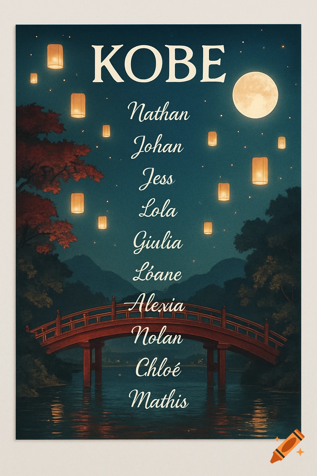 Japanese-style night scene with a red wooden bridge, floating lanterns, a full moon, and a list of names under the title KOBE.