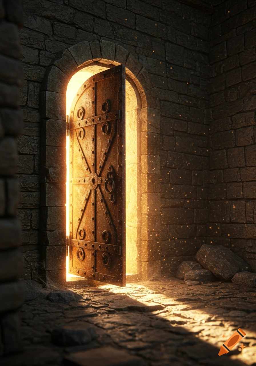 A rusty, ornate door in a dark stone archway is slightly ajar, revealing bright golden light from inside.